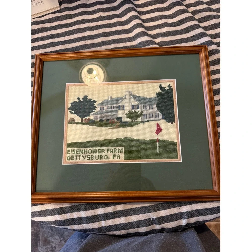Eisenhower Farm Gettysburg PA Needlepoint Framed Art Presidential Americana Wood